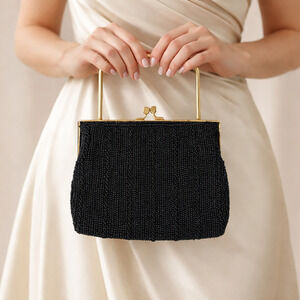 Vintage 70s Ruchere Black Beaded Gold Frame Evening Purse